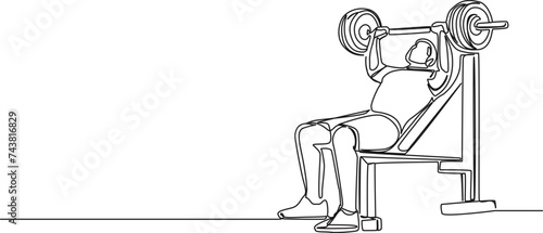 continuous single line drawing of fit man during bench press exercise, line art vector illustration