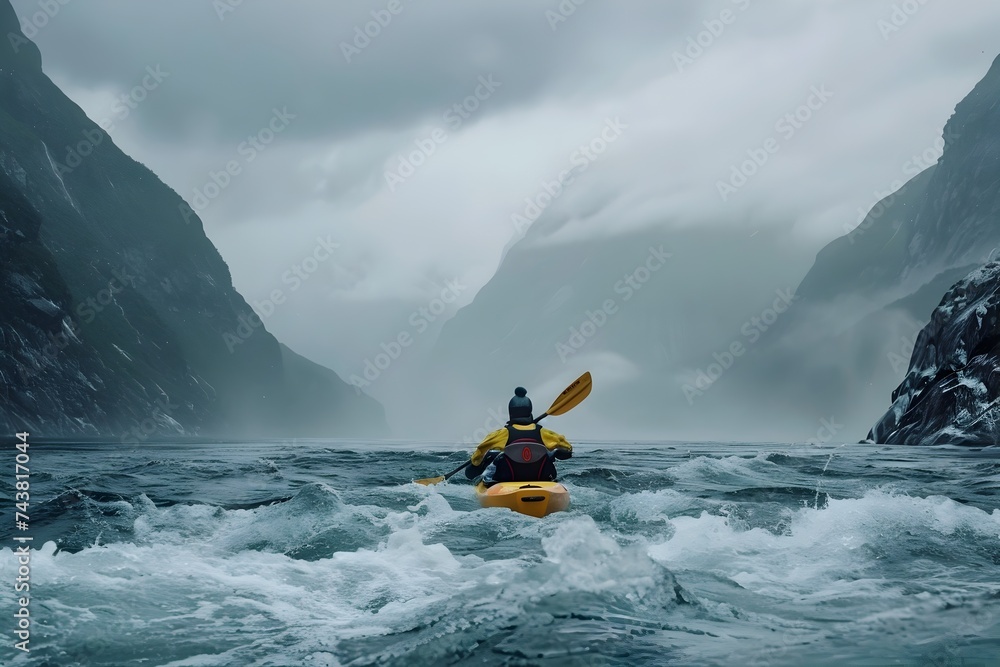 Man Kayaking Across Stormy Water in Norwegian Nature