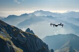 Drone soaring above mountain peaks with cloudy skies