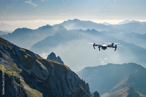 Drone soaring above mountain peaks with cloudy skies photo