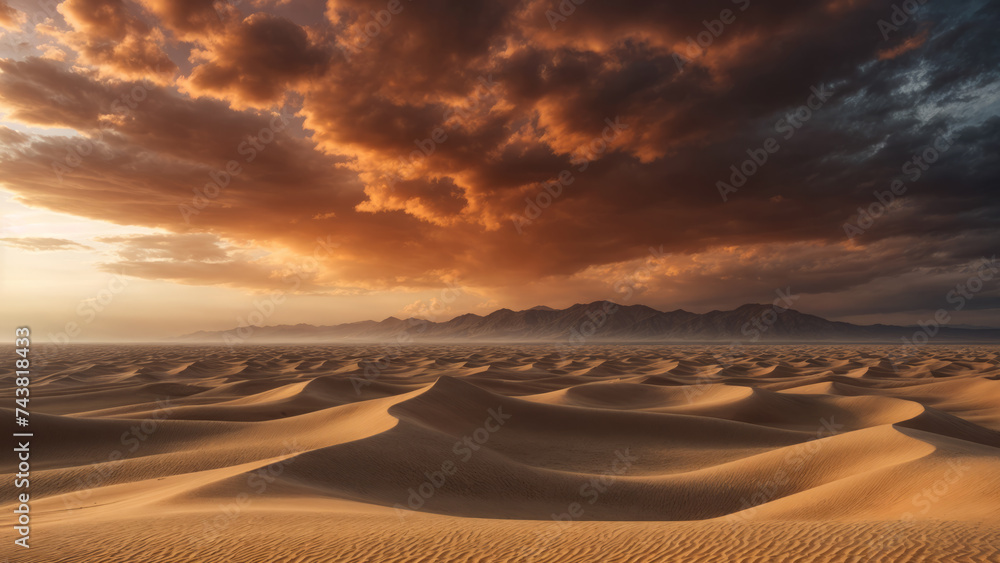 Sunset over the desert sand dunes, where the orange and gold hues of the sky contrast with the dark clouds