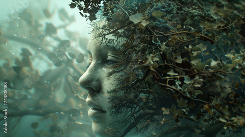 a girl's face immersed among trees and plants, highlighting the luminosity of water in dark teal and light bronze hues, with marine biology and rusty debris elements.