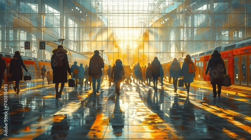 A vibrant crowd of people leisurely strolling through an airport terminal as the golden light of the sunset bathes the world around them