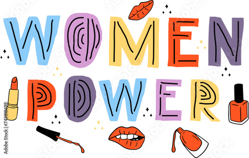 Female lettering in Scandinavian style with beaty items. Text Women power in childish style. Isolated vector illustration on white background. Good for poster, printout