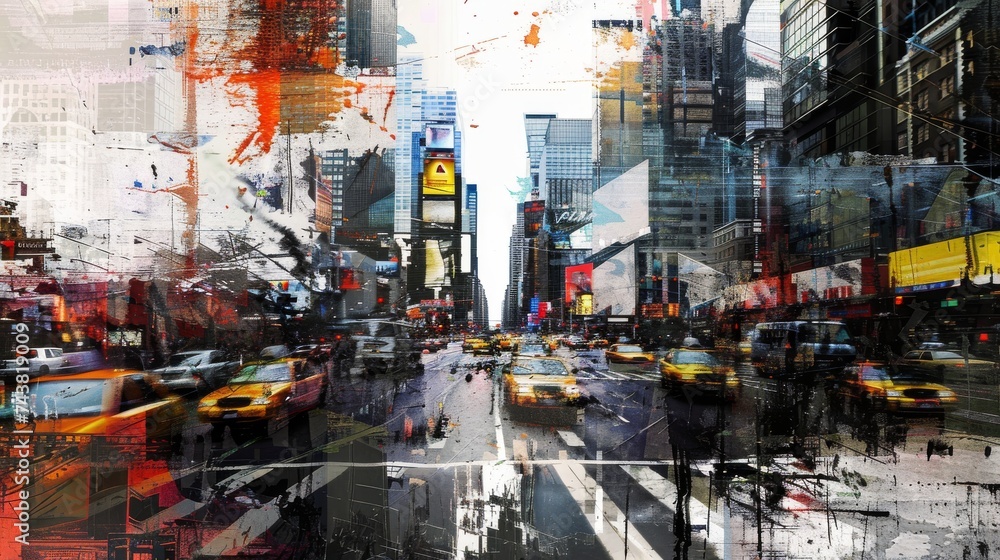 Abstract digital collage of city life, incorporating elements like traffic, people, and skyscrapers