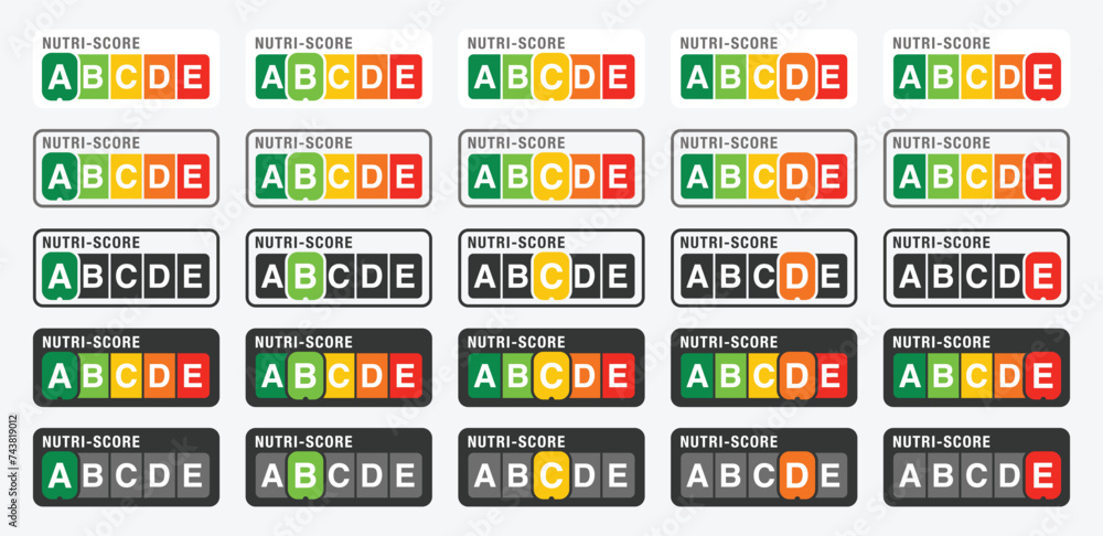 Nutri-Score icons set. Nutri score sticker label design for packaging food rating system sign A, B, C, D, E