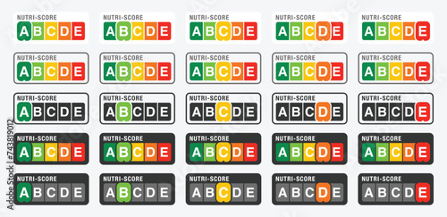 Nutri-Score icons set. Nutri score sticker label design for packaging food rating system sign A, B, C, D, E