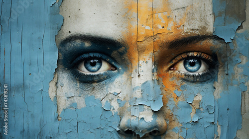 An old blue wall with a figure resembling a woman's face with prominent eyes. abstract wall art concept