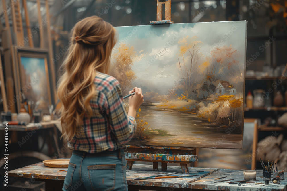 Woman painting a landscape into a canvas in her vintage studio