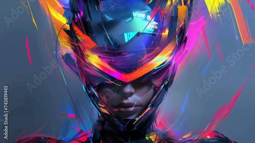 Abstract portrait of a futuristic warrior in vibrant armor.