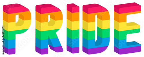 Pride text isometric with rainbow flag. Isolated vector illustration.