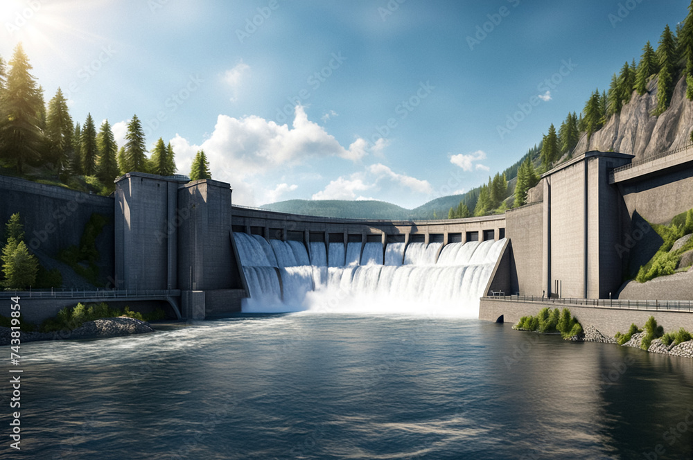 Hydroelectric power station. Illustration of modern giant dam. Hydro electrification concept. Copy ad text space