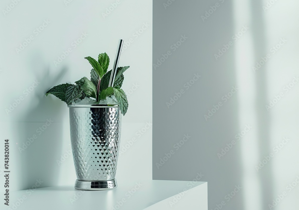 Elegant silver mint julep cup with fresh green mint leaves and straws, perfect for refreshing cocktails - obrazy, fototapety, plakaty 