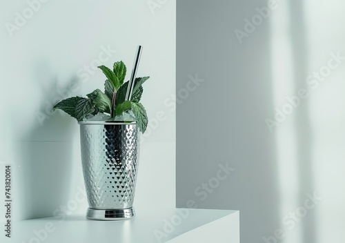 Elegant silver mint julep cup with fresh green mint leaves and straws, perfect for refreshing cocktails photo