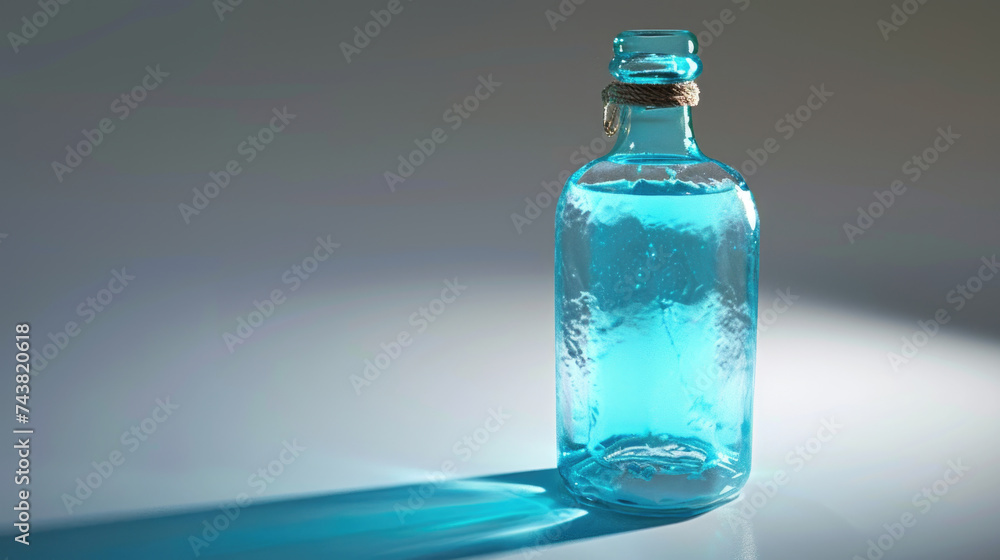 Blue glass bottle placed on table, suitable for various design projects