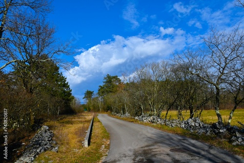 Road with Komen in Kras, Primorska, Slovenia and beautiful clouds in the sky