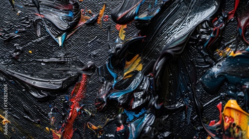 Artistic closeup of a deeply textured black abstract painting, with layers of oil paint applied by brush and palette knife creating a visual journey.