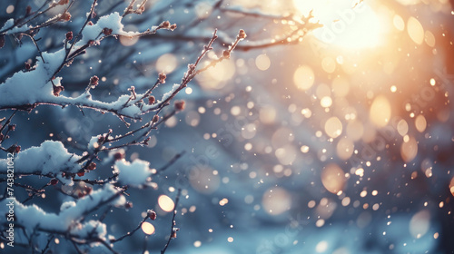 Sun shining through snow covered branches, perfect for winter themes © Natalia