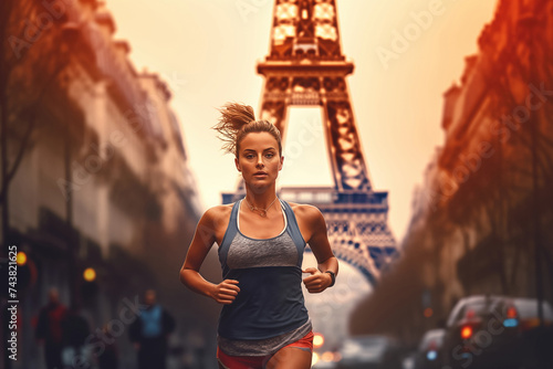 Active sportive woman in sport clothes jogging near the Eiffel tower in Paris, France. 2024 Olympic games in France concept.