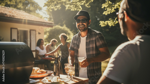 A man in a t-shirt in his party, drinks a cocktail together with friends, near the grill of a beautiful country house on a sunny day, Party in the garden
