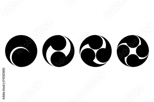 Japanese tomoe symbols, from left onefold to left fourfold. Four swirls of commas or tadpoles, circumscribed in a circle. Widely used for emblems, banners, rituals, festivals and in Shinto shrines.