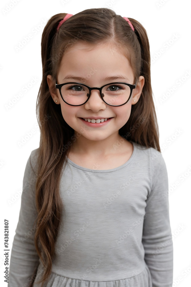 Beautiful little girl wearing glasses smiling and looking at the camera. isolated, transparent background, no background. PNG.