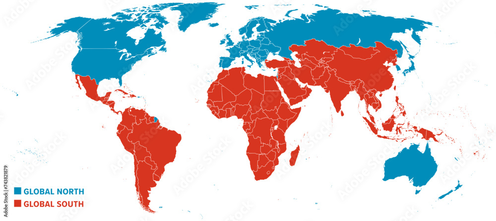 Global North and Global South, political map of the World showing countries classified by their economics. Developed countries highlighted in blue, and developing and least developed countries in red.