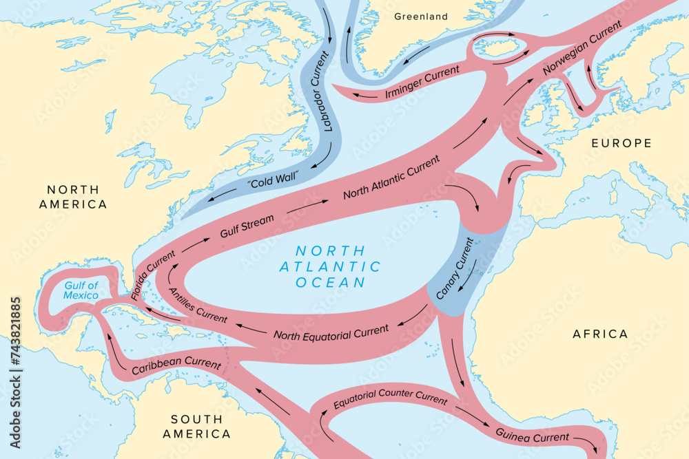 Map of North Atlantic Ocean currents, with Gulf Stream and other major ocean currents. North Atlantic water circulating in clockwise direction, red color for warm and blue color for cold currents. - obrazy, fototapety, plakaty 