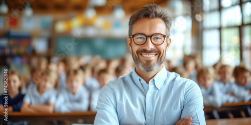 Teacher standing with his arms crossed in the classroom against the backdrop of sitting students. Back to school and professional occupation concept.