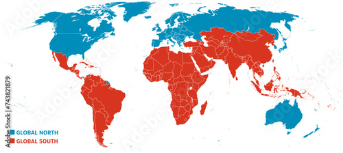 Global North and Global South, political map of the World showing countries classified by their economics. Developed countries highlighted in blue, and developing and least developed countries in red.