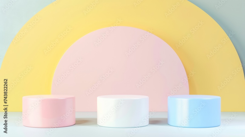 Set of white realistic 3d cylinder pedestal podium with pastel yellow, blue and pink in semi circle backdrop.