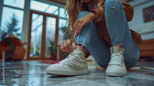 Close-up of a woman tying her shoes, wearing stylish sneakers