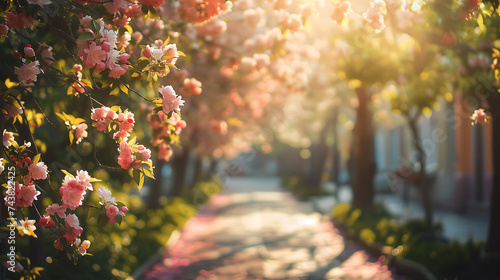 Beautiful spring background with blooming sakura flowers on a sunny day