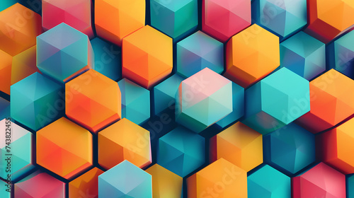 Abstract geometric hexagonal graphic design with a seamless pattern of vibrant 3D cubes.