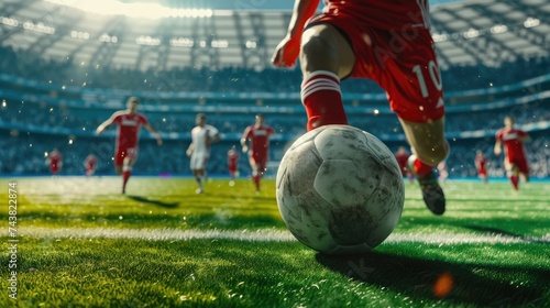 Football. Football players in a large stadium with full stands of fans during the championship. Football players in action. Generative AI. Stadium. Sport