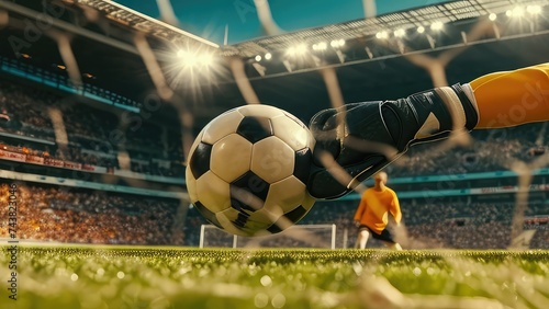 Football. Football players in a large stadium with full stands of fans during the championship. Football players in action. Generative AI. Stadium. Sport