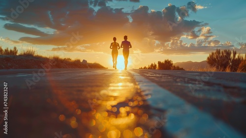 Wallpaper Mural Young couple running on the road with a sunset background Torontodigital.ca
