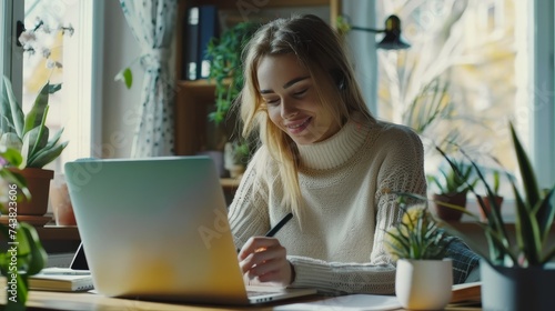 A smiling woman using a laptop and taking notes on a notebook while watching tutorials, lectures, or webinars, studying online at home.