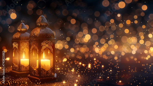 Decorative Arabic lantern with burning candles, glowing night and sparkling golden bokeh lights. Holiday greeting card, invitation to the Muslim holy month of Ramadan Kareem. Dark background photo
