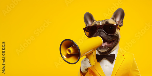 French Bulldog in Business Attire and a Bow Tie With Megaphone on Yellow Background