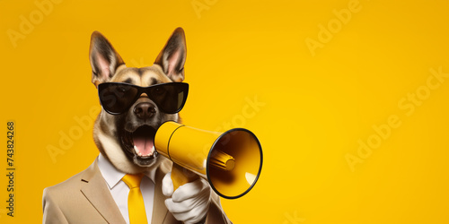 Dog in Suit and Sunglasses Holding Megaphone