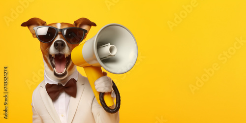 Stylish Jack Russell Terrier in formal attire uses bullhorn to promote on bright yellow backdrop. photo