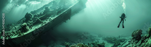 Underwater panorama of a sunken ship in the sea with diver near.

