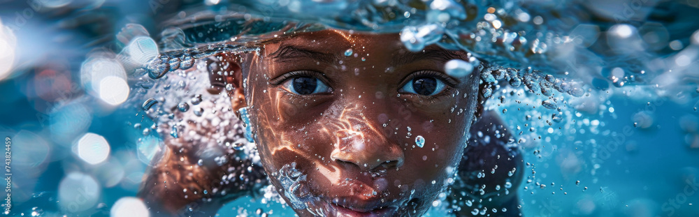 Close-up portrait of an African American boy underwater.
