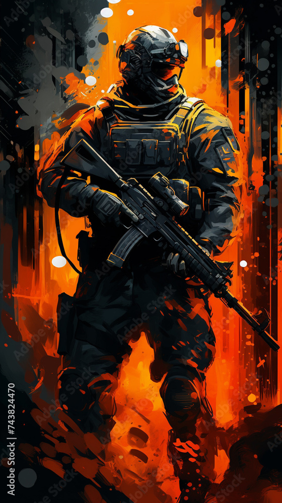 Police SWAT holding a Rifle with dramatic light Police SWAT holding a Rifle with dramatic light