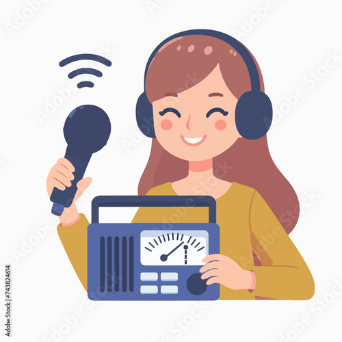 flat design illustration concept of happy girl radio announcer