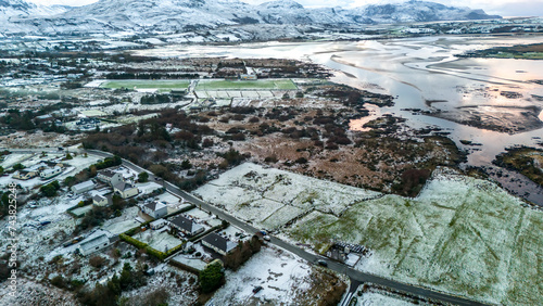 Aerial view of a snow covered Ardara in County Donegal - Ireland photo