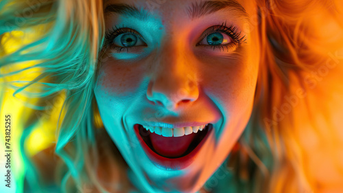 Portrait Capturing the Excitement of a Young Blonde Girl, Her Expression Radiant with Joy and Enthusiasm, Illuminated by Soft, Bright Light, Creating a Vibrant and Colorful Image