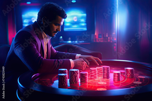 Man wearing a black suit plays in a casino. player with chips in the casino photo