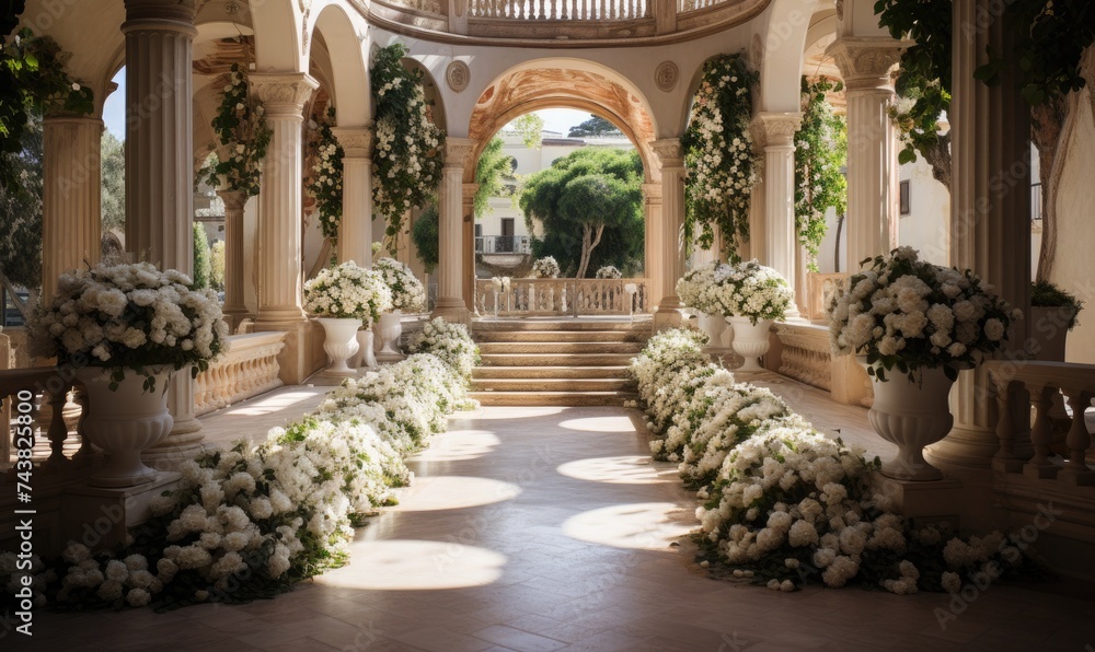 a elegant wedding ceremony setup, including an empty altar and floral arrangements 